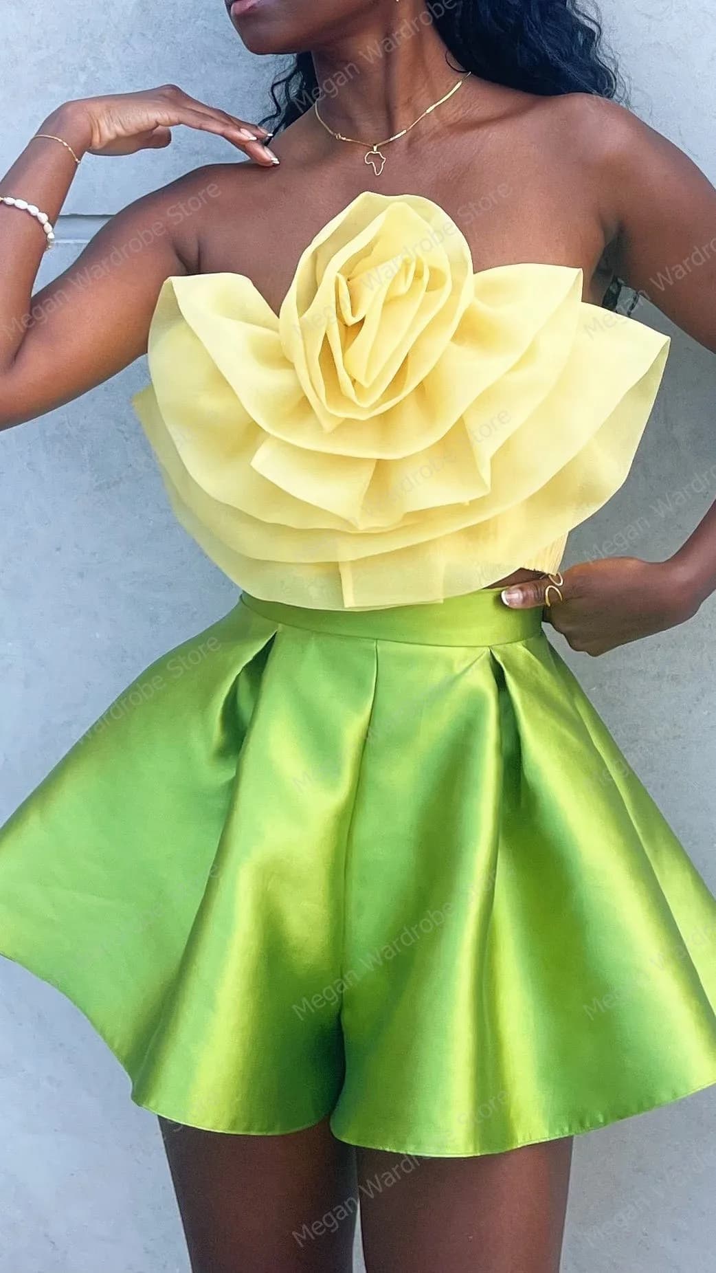 ChimTwo-Ensemble mini jupe jaune pour femme, haut en tulle à volants fleuris sans bretelles, jupe co