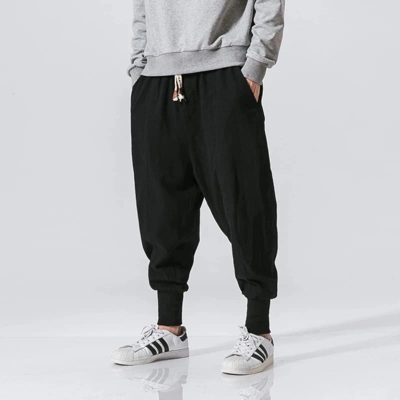 Pantalon sarouel en coton et lin pour hommes, couleur unie, taille élastique, Streetwear, jogging, B