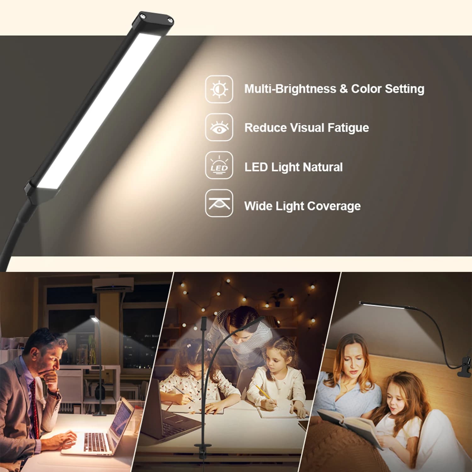 Lampe de bureau LED 10W avec pince, intensité variable, 10 niveaux de luminosité, 3 Modes d'éclairag