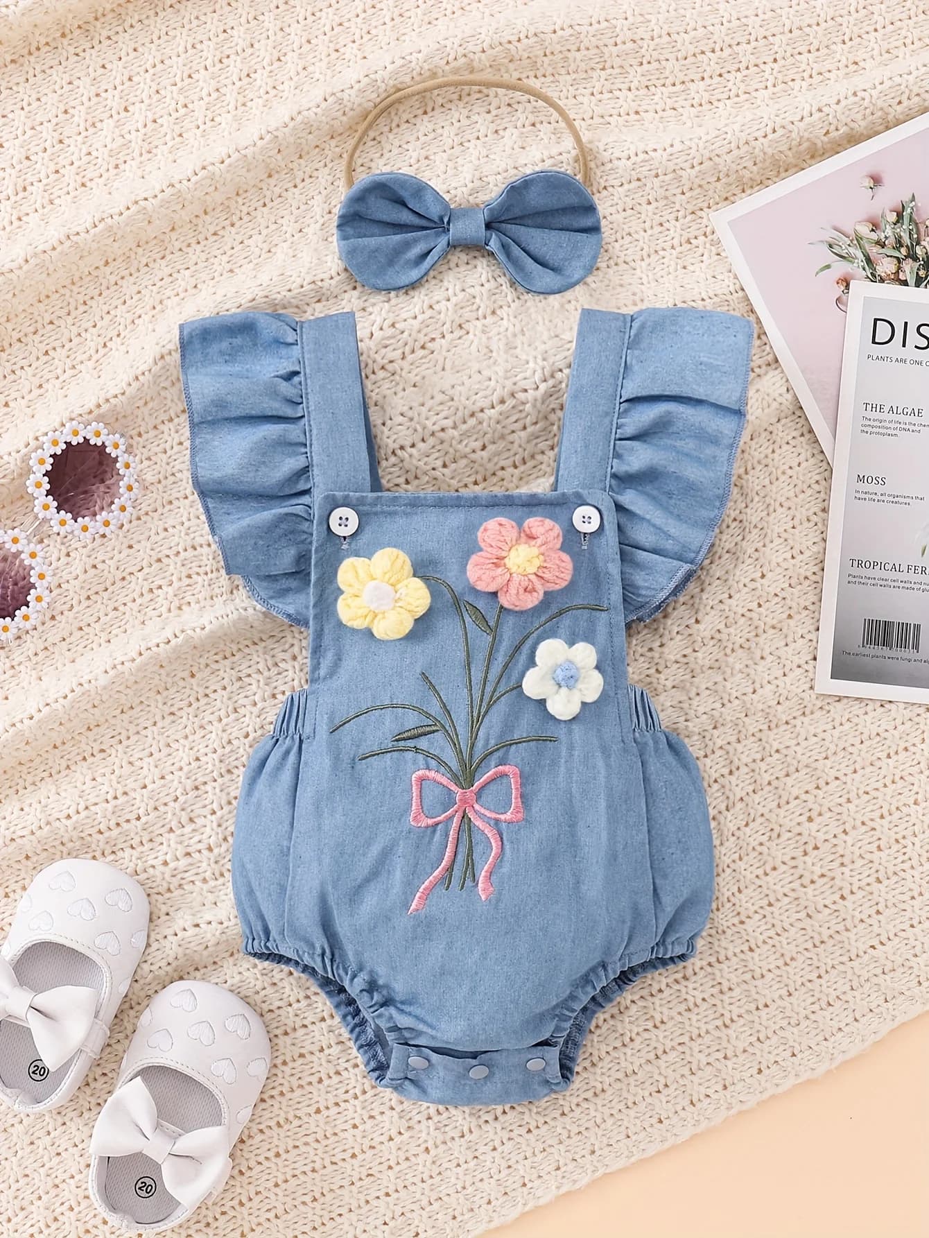 Barboteuse en Denim doux pour bébé fille, barboteuse flottante brodée de fleurs 3D + bandeau à nœud,
