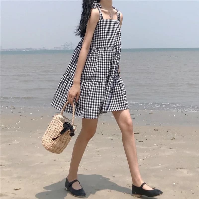Robe à carreaux en fibre pour femmes, ceinture, design tout-assressenti, ligne A, robes de plage, mo