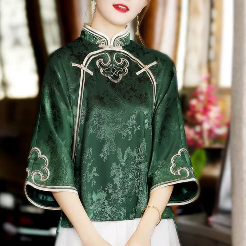 Chemise brodée de Style ethnique chinois pour femmes, Imitation soie, boucle, Costume Tang, Vintage,