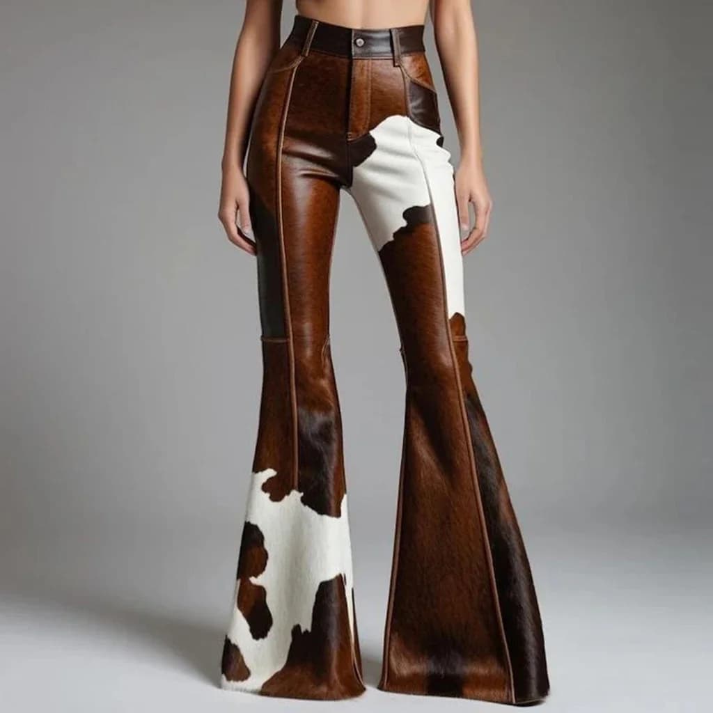 Pantalon évasé en cuir PU à motif vache pour femme, taille haute, pantalon slim en simili cuir, mode