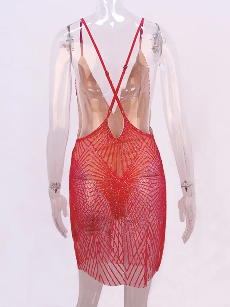 OMSJ – Mini robe Sexy à paillettes scintillantes, dos nu, épaules dénudées, transparente, bretelles 