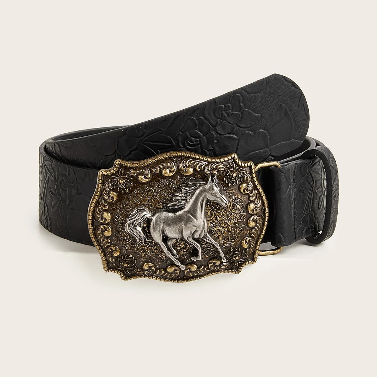 Ceinture en PU à motif de pivoine, boucle tête de cheval neutre, à la mode