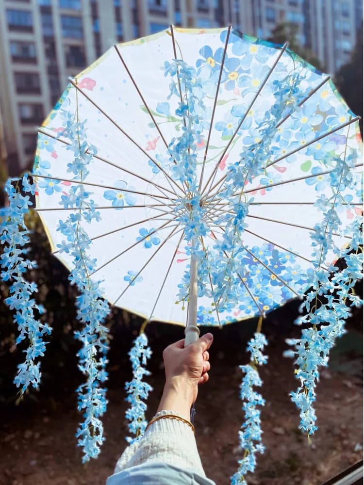 82CM 32 ''bleu ciel Hanfu Parasol fleurs imperméable voiture parapluie danse Cosplay japon Sakura pr