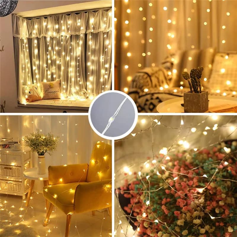 Rideau LED Guirlandes 3x1m lumière chaude télécommande chambre vacances mariage noël décoration fée 