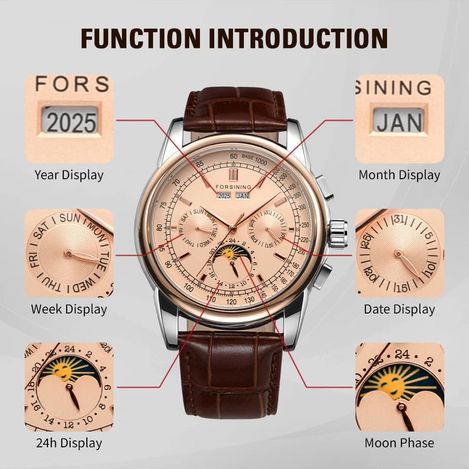 Forsining rétro montres mécaniques Phase de lune mouvement Shanghai boîtier en or Rose bracelet en c