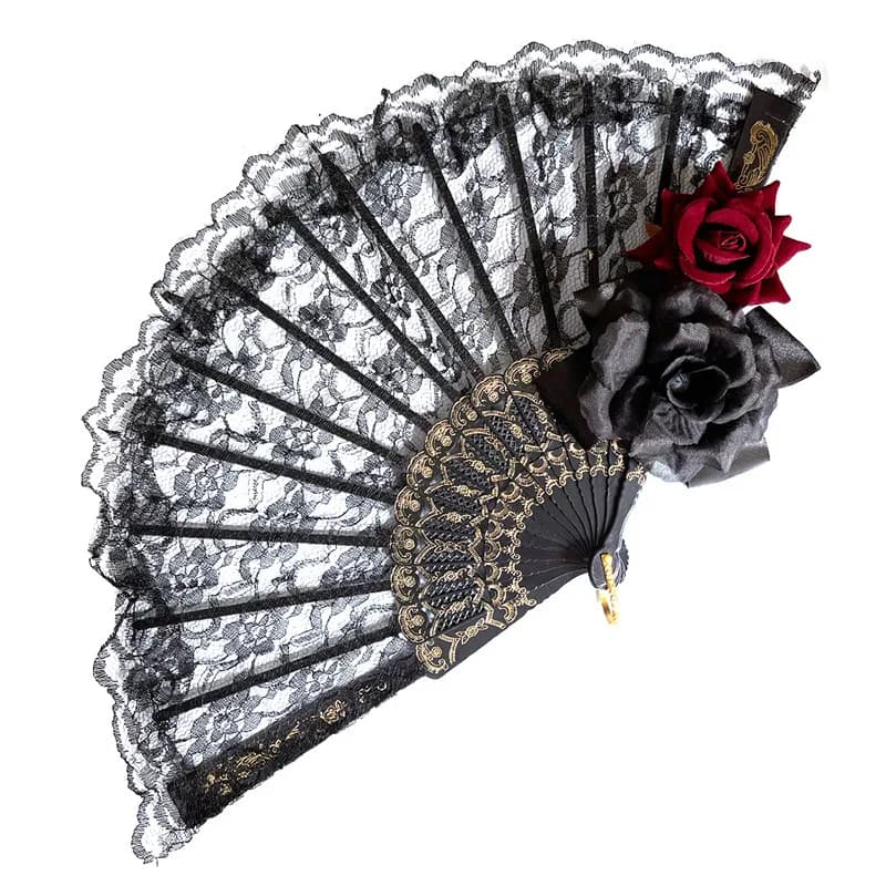 Éventail Gothique Lolita Victorien en Dentelle pour Femme, Vintage, Noir, Blanc, Rouge, Rose, Bambou