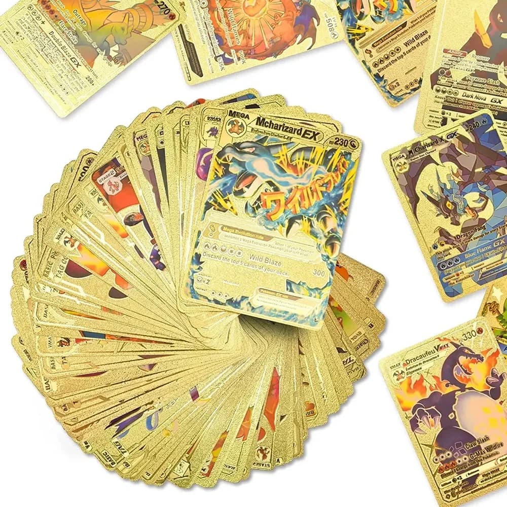 55-110 cartes Pokémon en feuille d'or, lettres dorées, anglais, espagnol, français, allemand, italie
