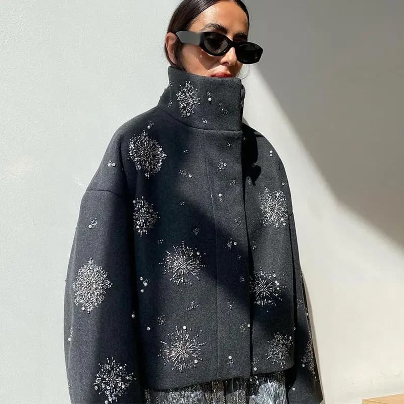 Manteau chic luxueux à perles pour femmes, vêtements d'extérieur en laine, vestes à manches longues,