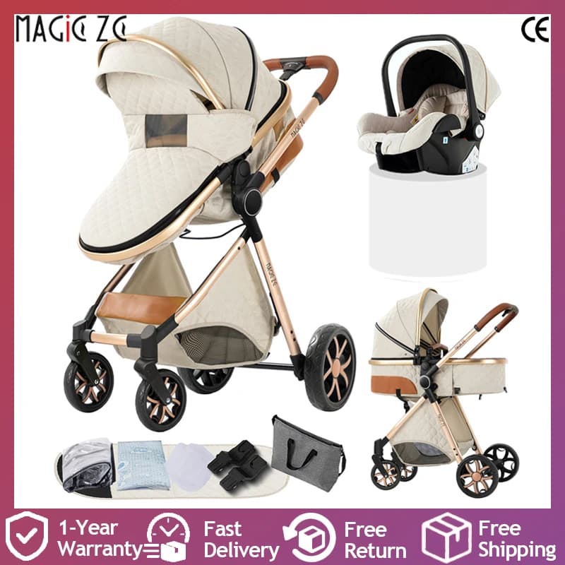 Poussette, landau et poussette 3 en 1 avec cadre en aluminium léger, roues lisses et design pliable 