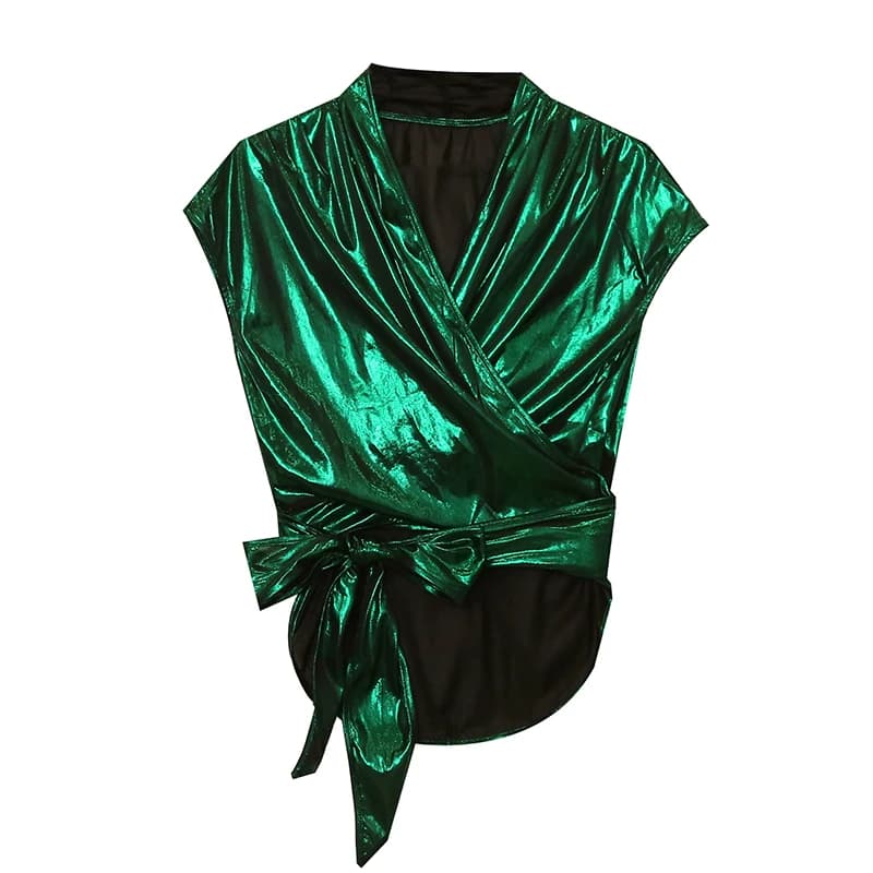 T-shirt d'été à col en V croisé pour filles, tissu réfléchissant, manches courtes, ourlet lacé, à la