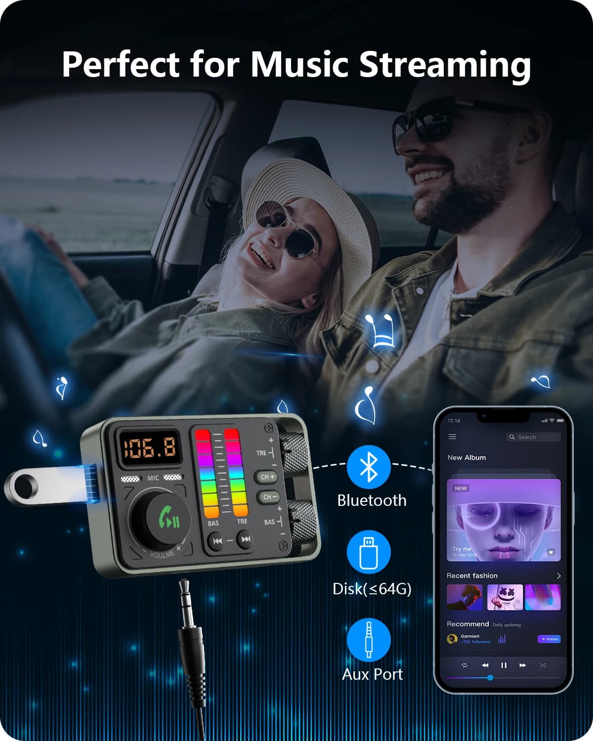 LENCENT Bluetooth 5.3 transmetteur FM de voiture, lecteur de musique haut-fi aigus et basses, charge