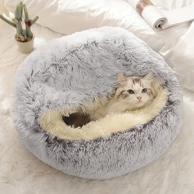 Maisonnette et Condo Ronde en Peluche Confortable pour Chat et Chien de Petite Taille, Lit Semi-ferm