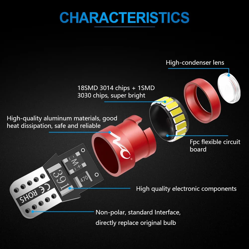 NAO – éclairage intérieur de voiture T10, LED W5W 1.8W, ampoule Super brillante 12V, 3030 3014 puces