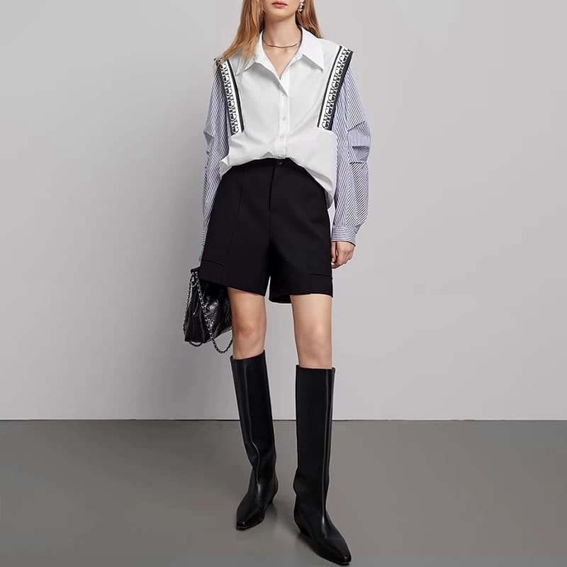 CHCH-Chemise à Manches sulfpour Femme, Haut Décontracté, Confortable, Simple, Rayé, Patchwork, Bleu 