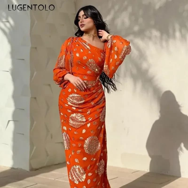 Robe sexy en mousseline de soie à paillettes pour femmes, manches longues, orange, mince, compromis,