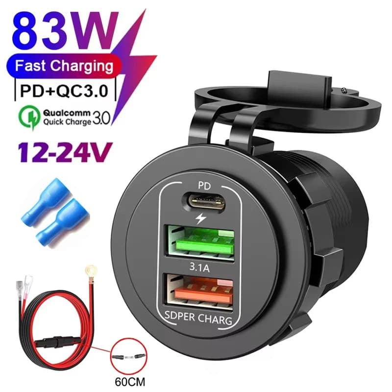 Prise de chargeur de voiture PD 30W QC3.0, Ports USB C étanches avec voltmètre 83W, charge rapide 12