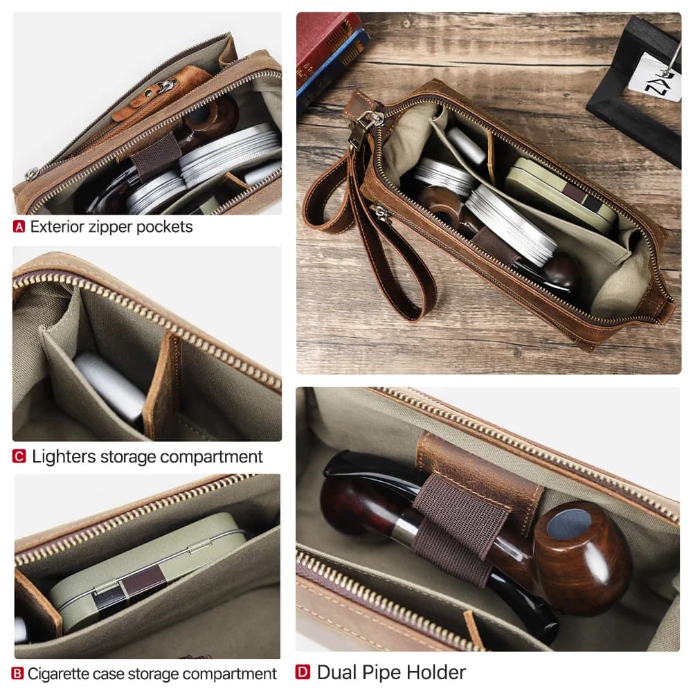 Sac fonctionnel en cuir véritable pour tuyaux de tabac, sac de cachette pour fumer, pochette pour he