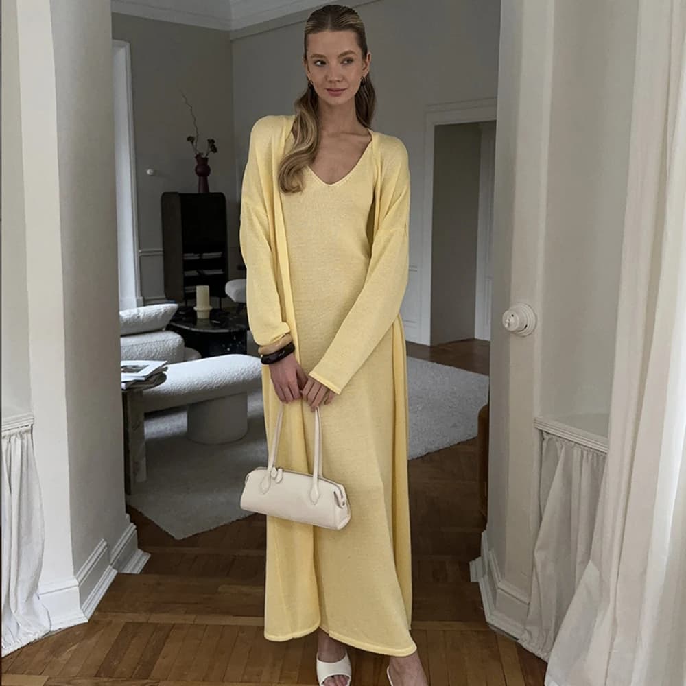 Tuularose femmes robe longue 2 pièces solide tricoté Spaghetti sangle robe à manches longues Cardiga