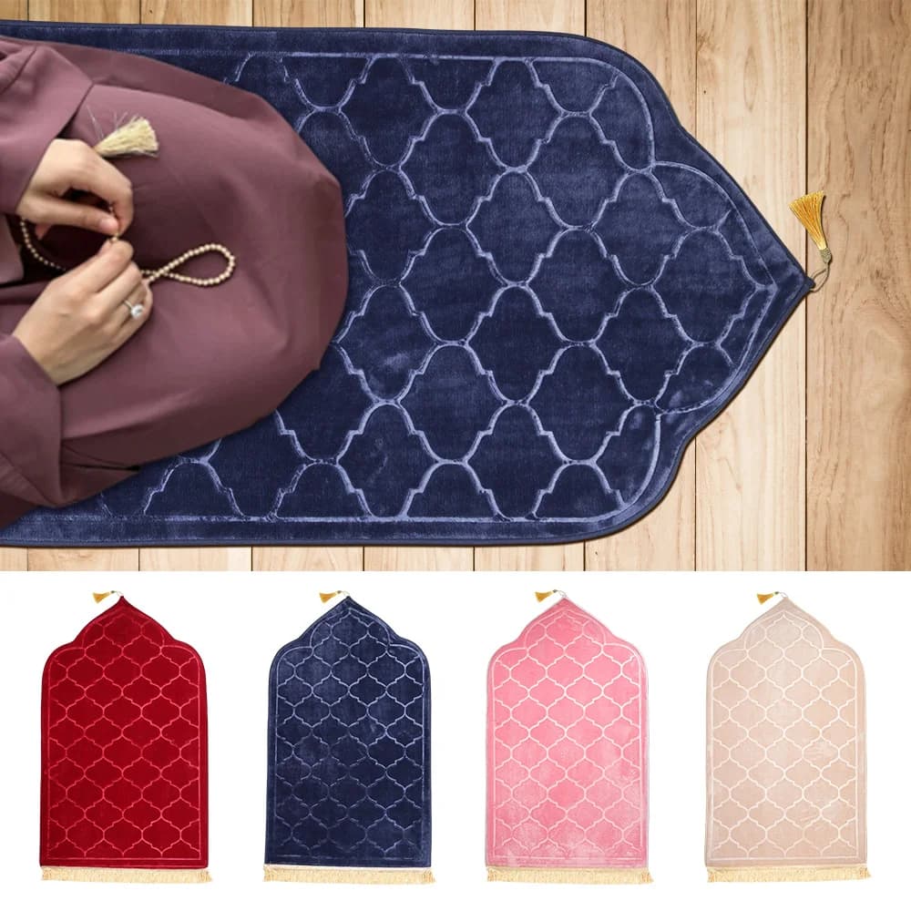 Tapis de prière de voyage à genoux, doux, antidérapant, en flanelle, pour musulman, Ramadan, gaufrag