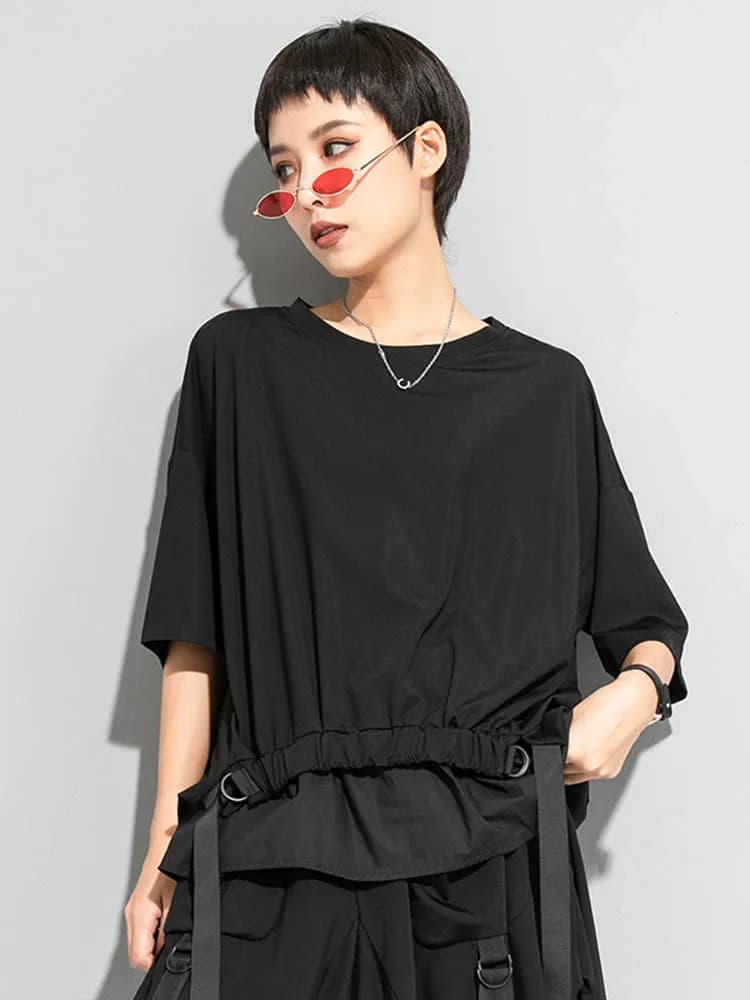 AmaxluluE 2025 été mode T-shirt femmes noir à manches courtes T-shirt dames décontracté Patchwork ha