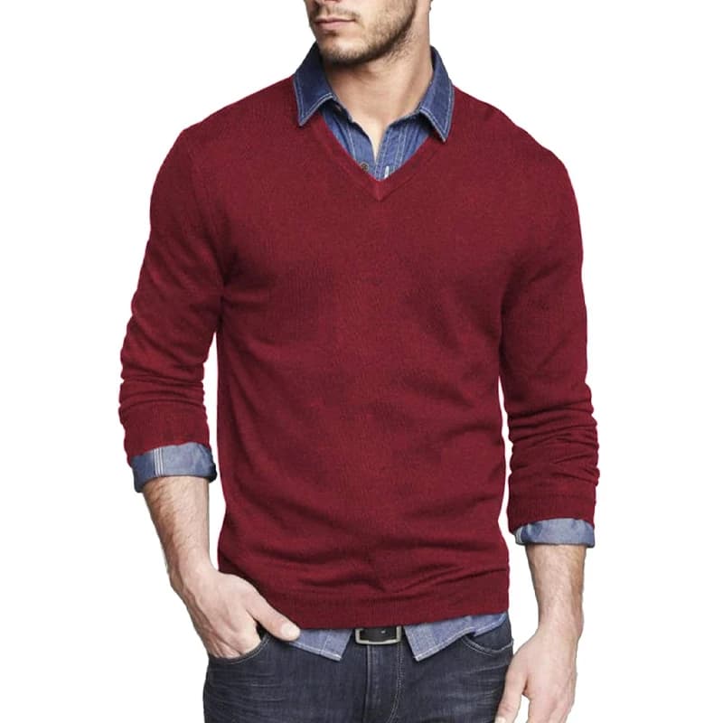 Pull à manches longues et col en V pour hommes, coupe cintrée, en tricot, robe légère, pull décontra