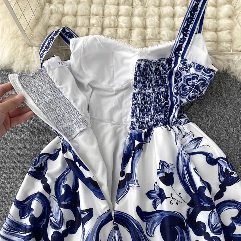 Robe longue de vacances pour femmes, col en v, imprimé rouge, bleu et blanc, bretelles Spaghetti, ét