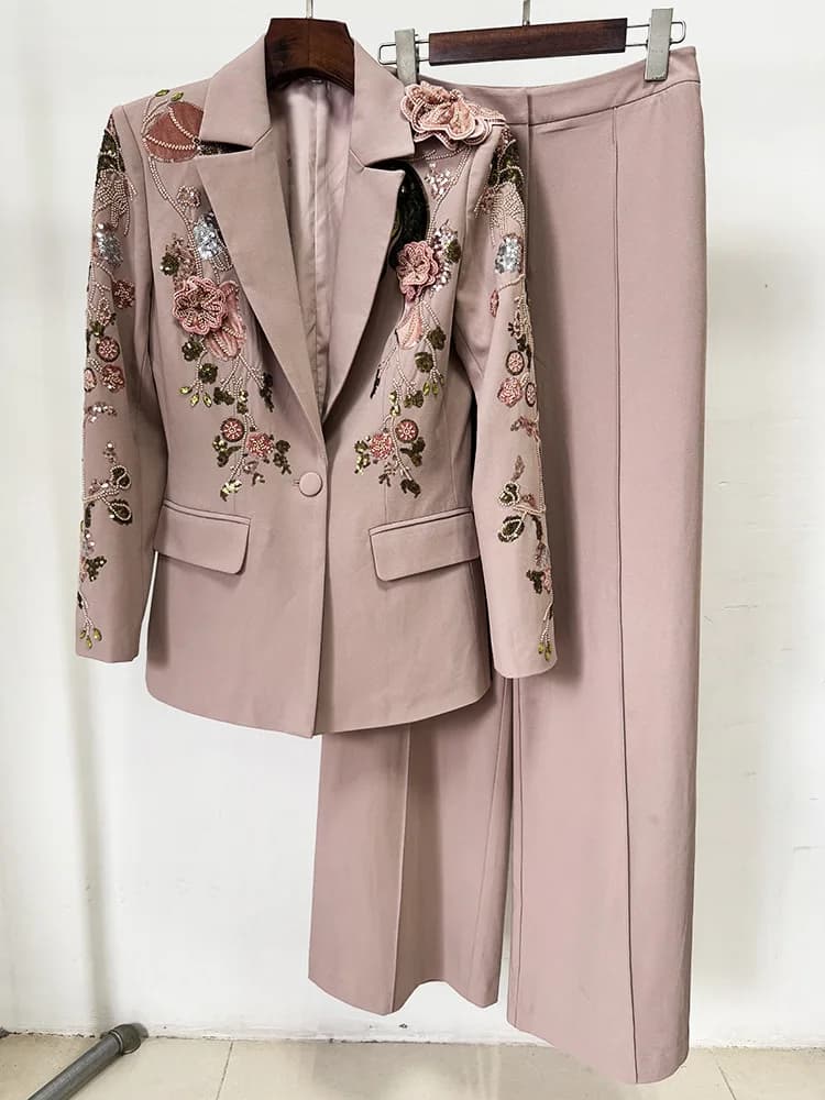 HIGH STREET – ensemble de costume de défilé de styliste pour femmes, Blazer perlé à fleurs 3D, panta