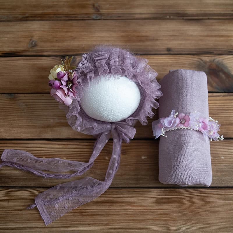 Nouveau-né tricot extensible Mohair enveloppement dentelle volants couture Bonnet et bandeau photogr