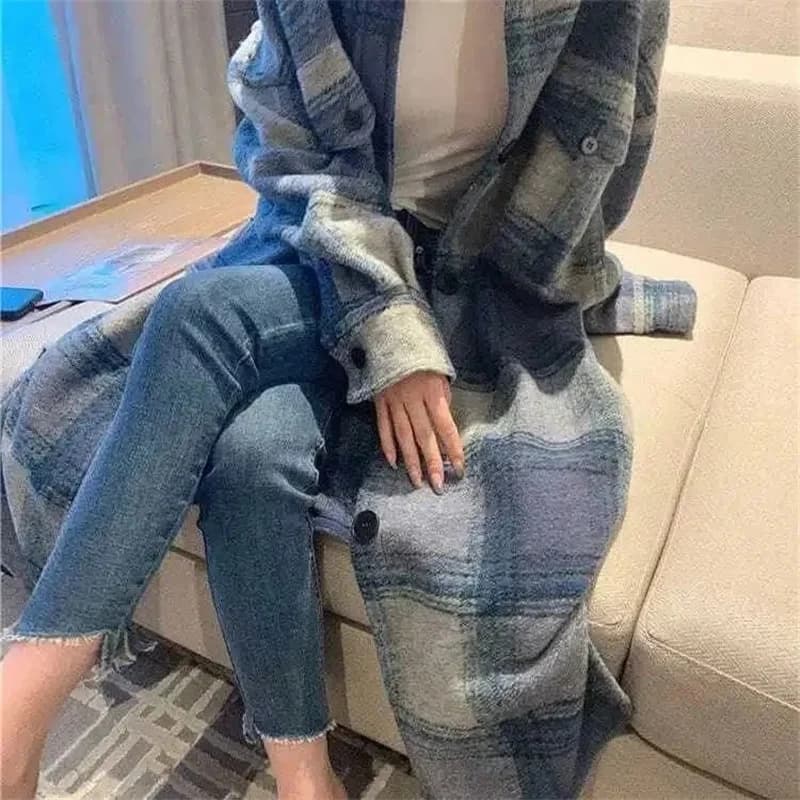 Chemise mi-longue fine au-dessus du genou, manteau à carreaux bleu, version coréenne, tempérament tr