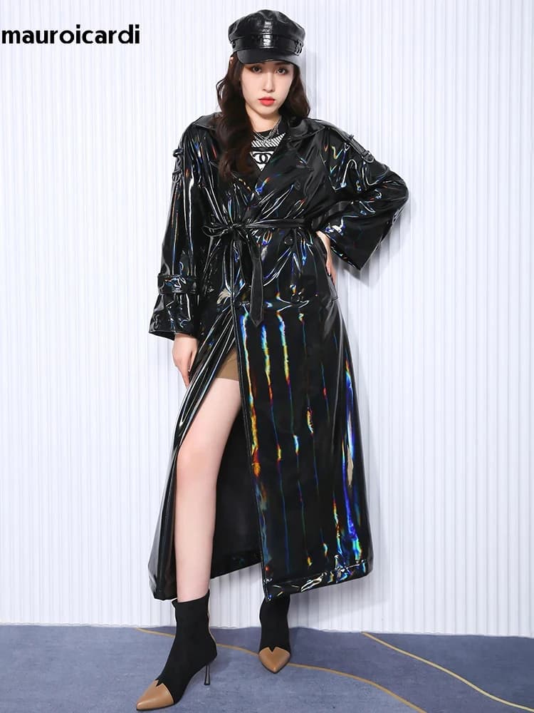 Mauroicardi printemps doux mince fluide brillant réfléchissant holographique noir PVC Faux cuir Tren