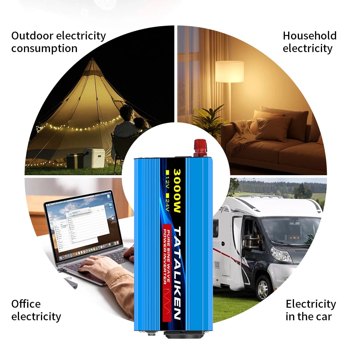 Convertisseur d'ondes sinusoïdales pures 1000W-4000W DC 12V et 24V vers AC 220V 50Hz, chargeur, adap