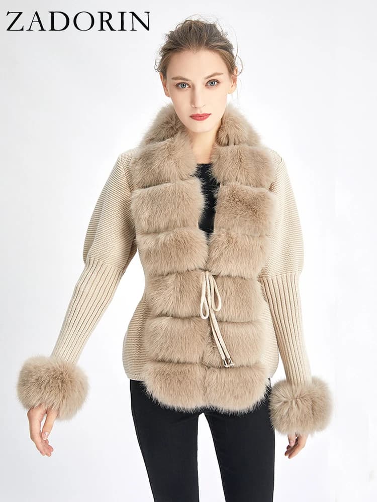 ZADORIN luxe fourrure Cardigan tricot hiver pull femmes élégant détachable fourrure ceinture blanc r
