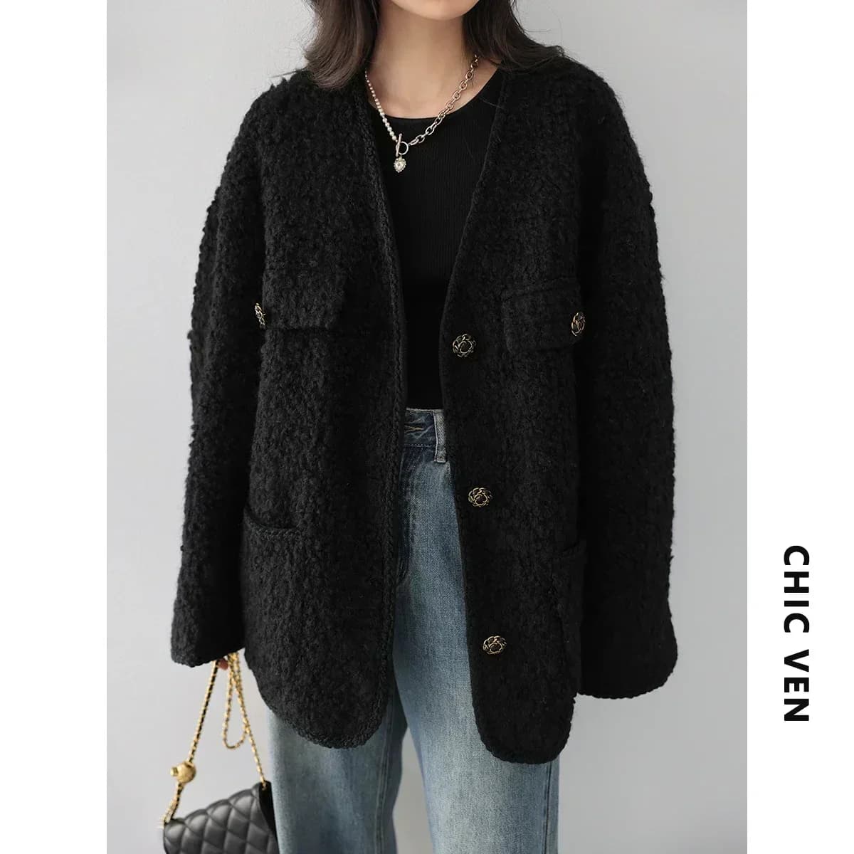 CHIC VEN – manteau en laine pour femme, veste Vintage à simple boutonnage, col en v, pardessus de bu