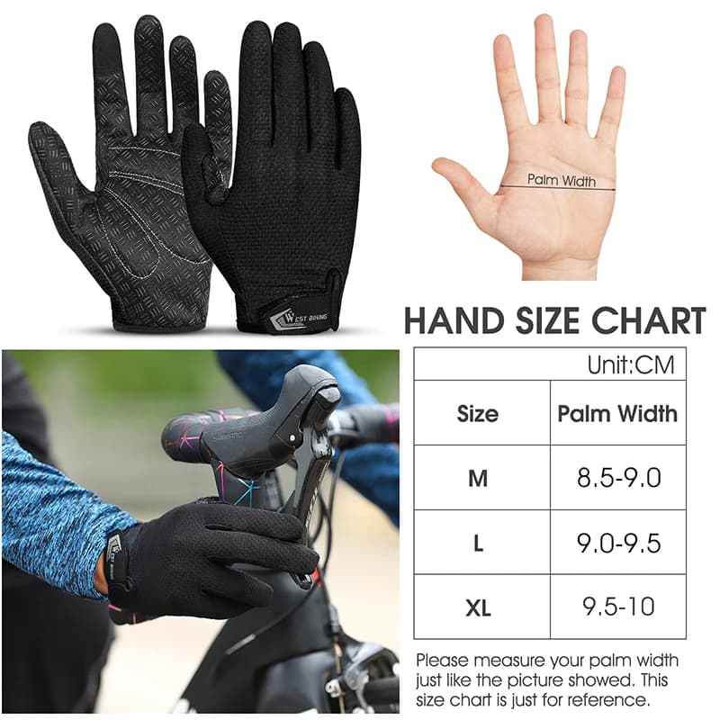 WEST BIKING – gants de cyclisme d'été, doigt complet, pour vtt, écran tactile, antidérapants, paume 