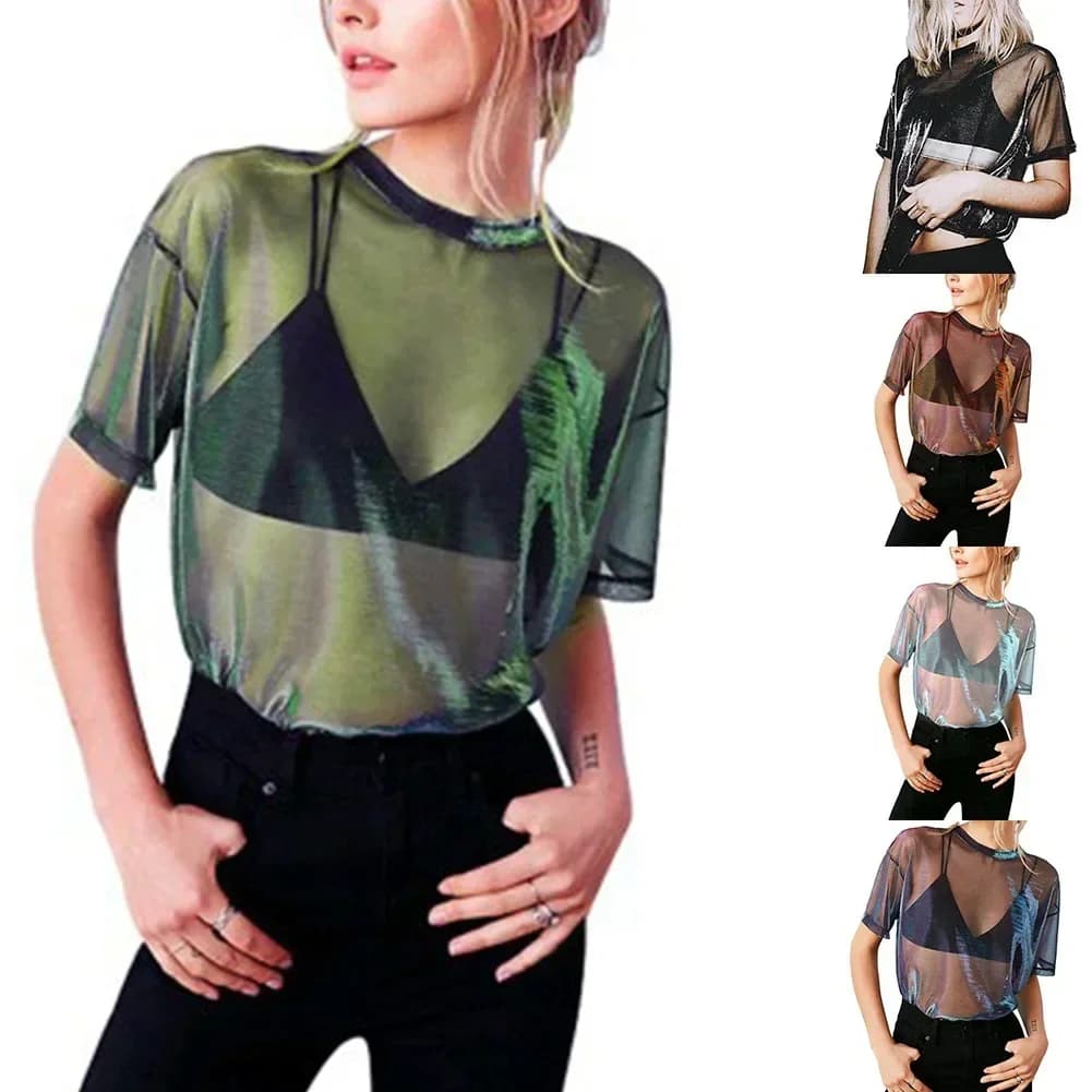 Haut transparent en maille brillante pour femme, t-shirt transparent pour femme, chemisier sexy, che