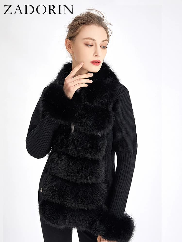ZADORIN automne hiver femmes fausse fourrure manteau de luxe tricoté pull fourrure Cardigan col déta