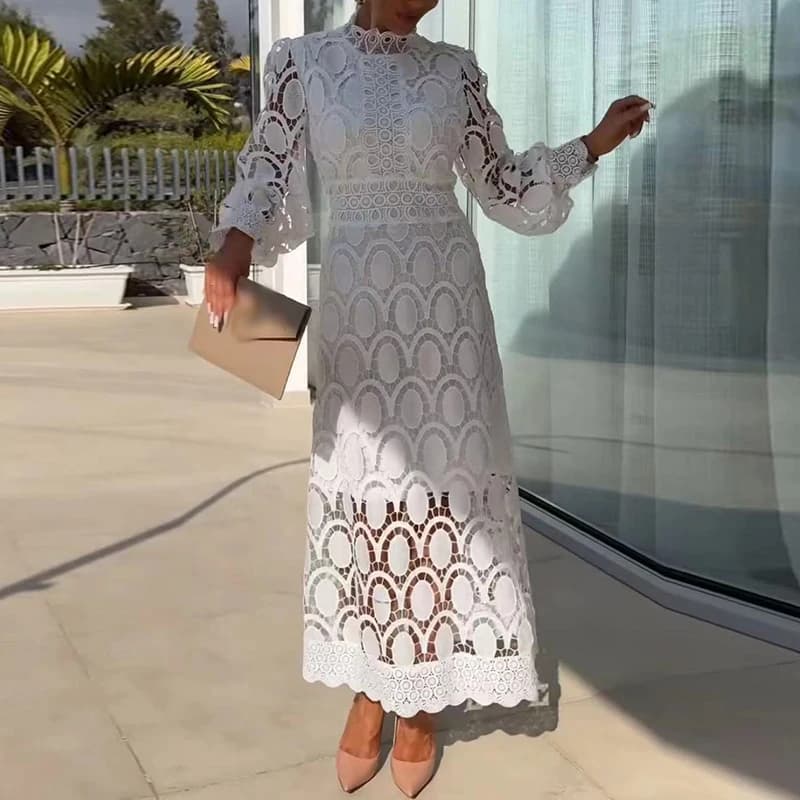 Robe Longue Brodée en Dentelle pour Femme, Élégante, Demi-Col Roulé, Ajourée, Manches Lanternes, Ten