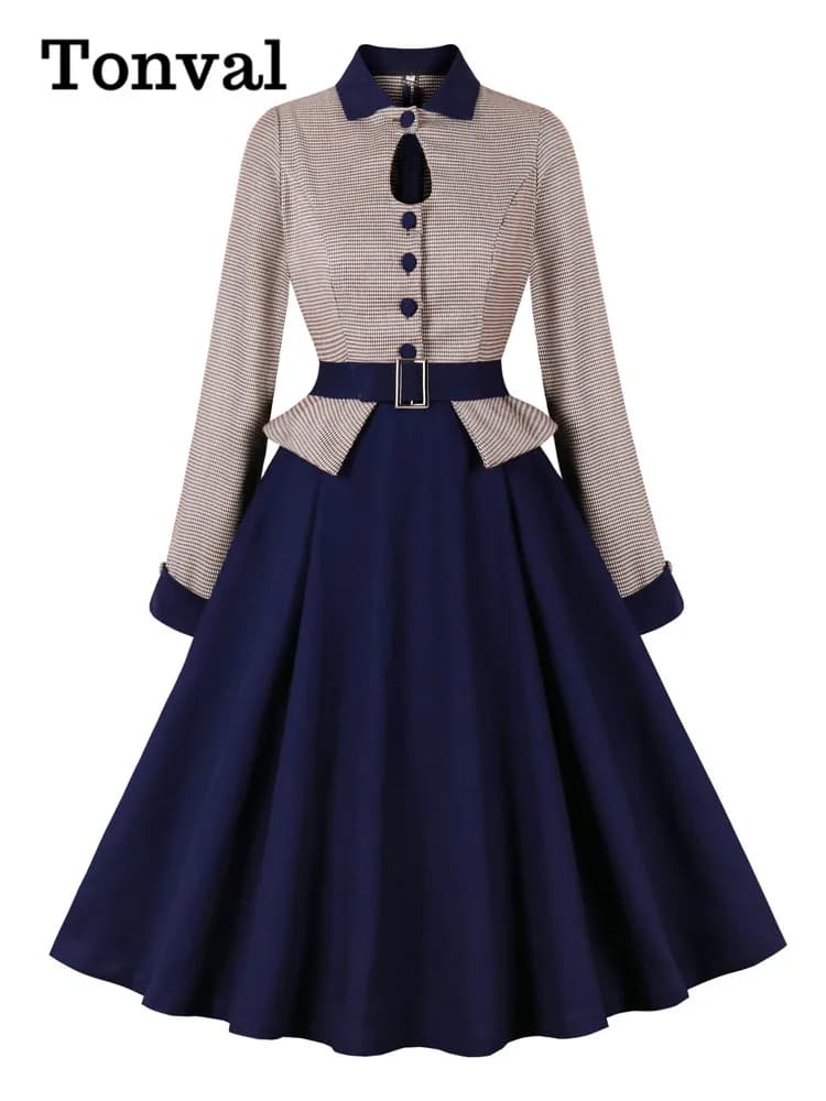 Tonval – robe mi-longue en coton pour femmes, boutons ajourés, manches longues, Peplum, élégante, lu