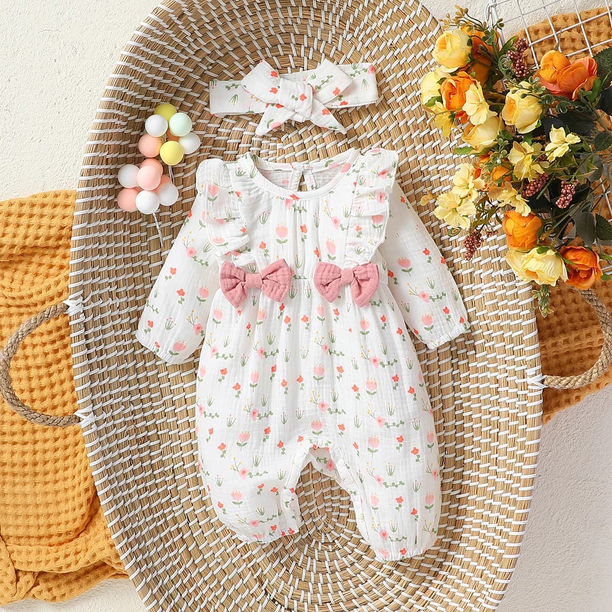 Combinaison quotidienne à manches longues pour bébé fille, imprimé Floral avec nœud, vêtements pour 