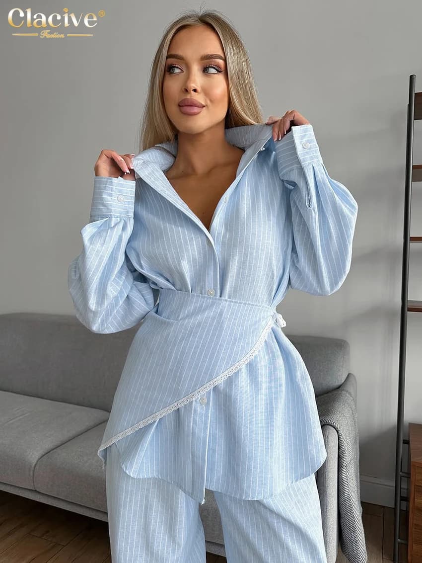 Clacive – ensemble 3 pièces ample à rayures bleues pour femmes, chemise élégante à manches longues +