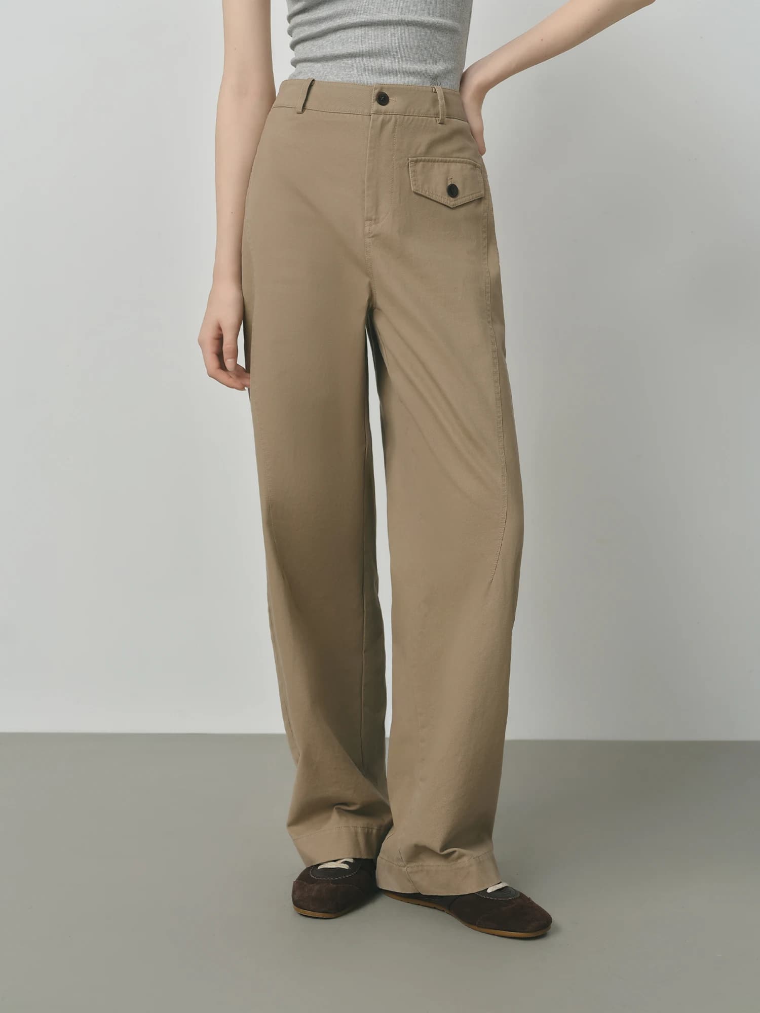 FSLE 2025 Pantalon kaki pour femme - Pantalon en coton à jambe droite Coupe décontractée d'automne S