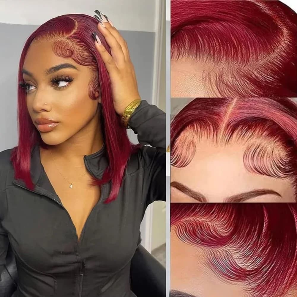 Perruques bob droites bordeaux 99J, prêtes à porter, sans colle, perruques en cheveux humains avec d