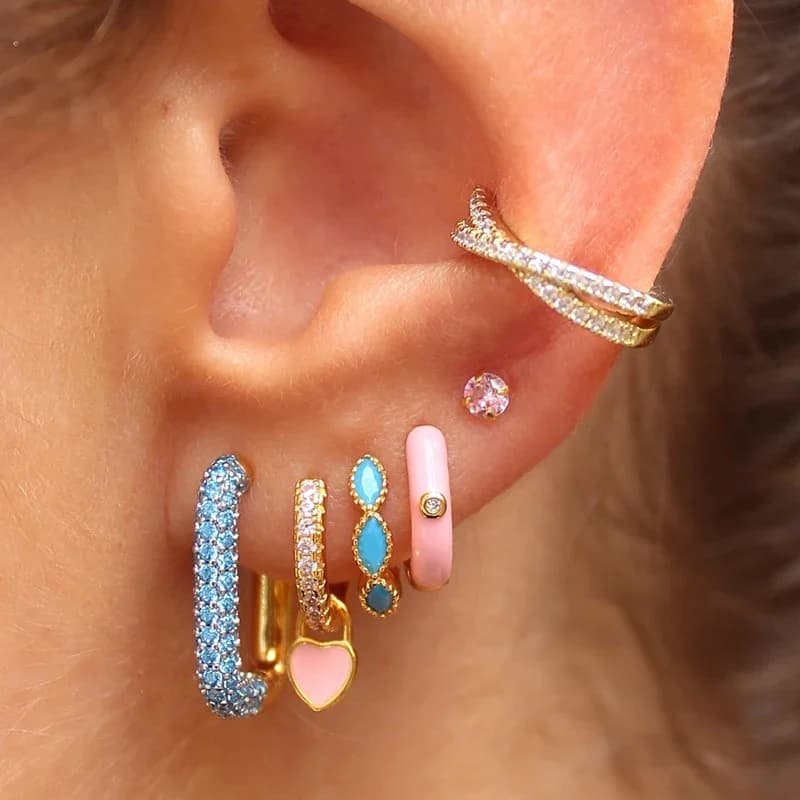 CRMYA – boucles d'oreilles créoles à Clip couleur or pour femmes, Piercing en émail Zircon CZ, ensem