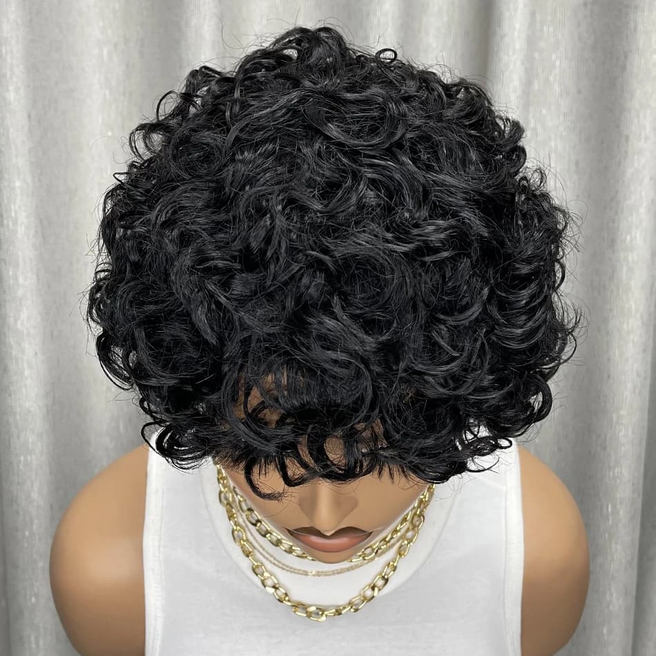 Perruque de cheveux humains crépus bouclés, Bob court avec frange pour femmes noires, faite à la Mac