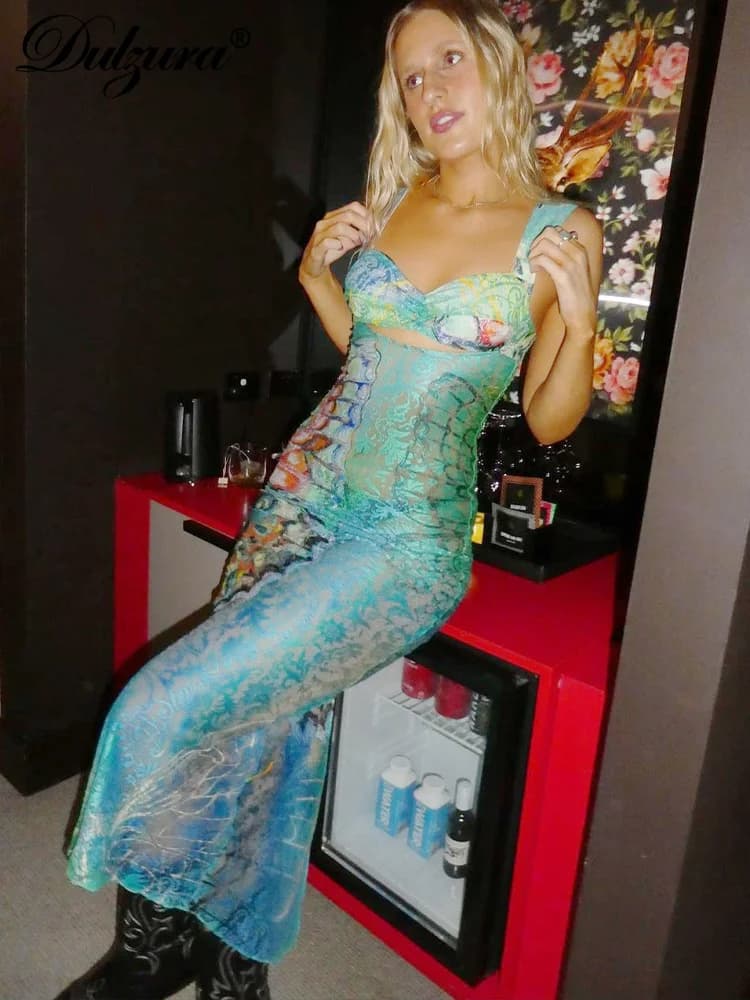 Dulzura – robe Maxi découpée en dentelle imprimée, moulante, Sexy, Club de fête, tenues Y2K, Streetw
