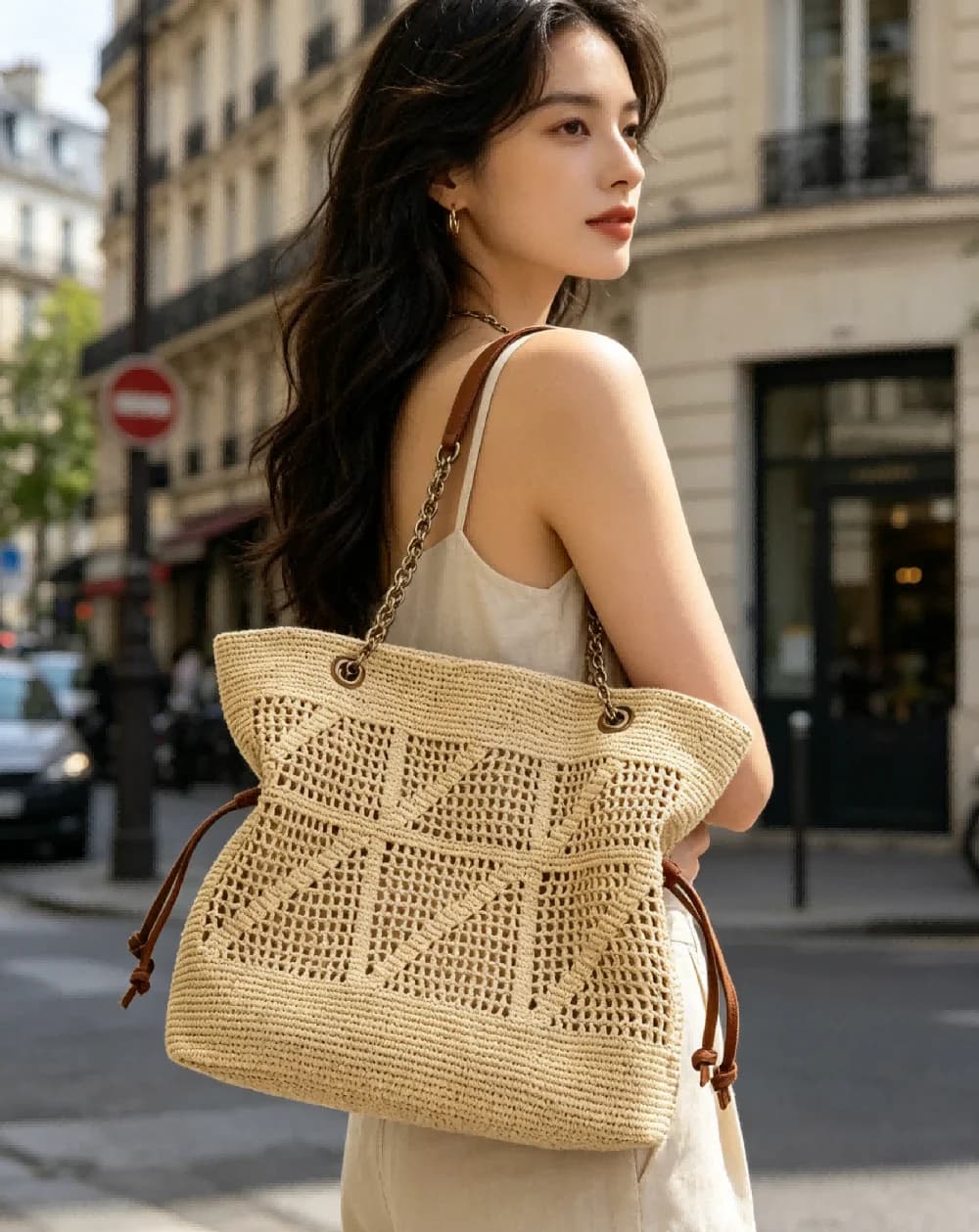 Sac fourre-tout tissé beige bohème pour femme, sac à bandoulière décontracté avec cordon de serrage 