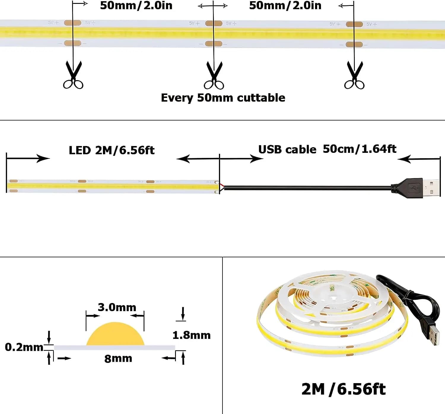 Bande lumineuse USB COB DC 5V, 320LED/m, rose/rouge/blanc/bleu/jaune, lampe d'armoire, rétro-éclaira